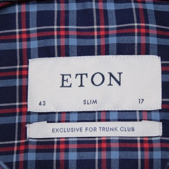 Eton NWT Dress Shirt Size 43 17 Slim Fit in Blue & Red Plaid 100% Cotton